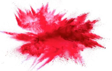 Beyaz zemin üzerinde yayılan dinamik parçacıklar ile parlak kırmızı toz bulutu patlaması.