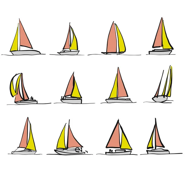 Gekleurde Zeilboot Tekeningen Bicolor Vector Schetsen — Stockvector