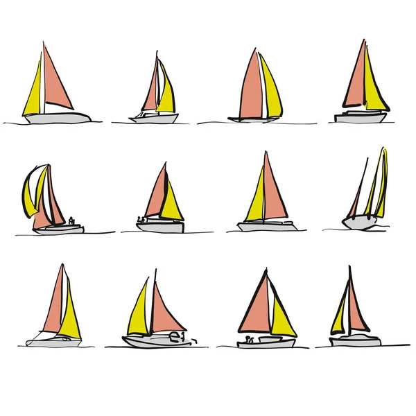 Colored Sailboat Drawings Bicolor Vector Sketches — Stock Vector