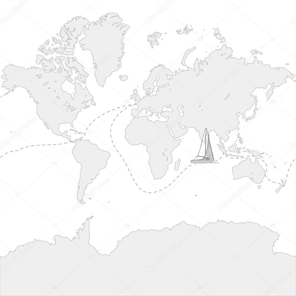 Globe Map with travel route and boat. Hand-drawn vector icon.