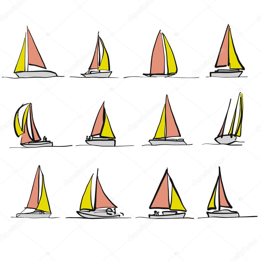 Colored sailboat drawings, bicolor vector sketches