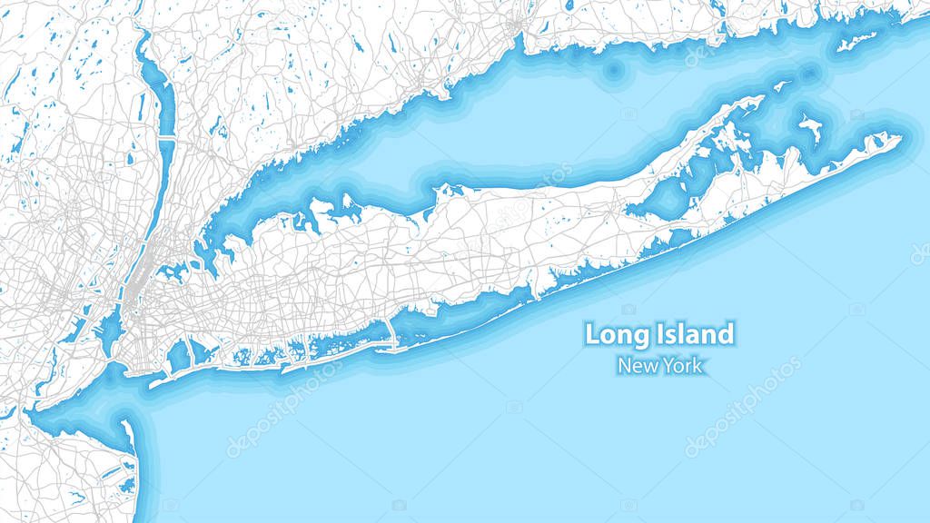 Two-toned map of Long island, New York with the largest highways, roads and surrounding islands and islets