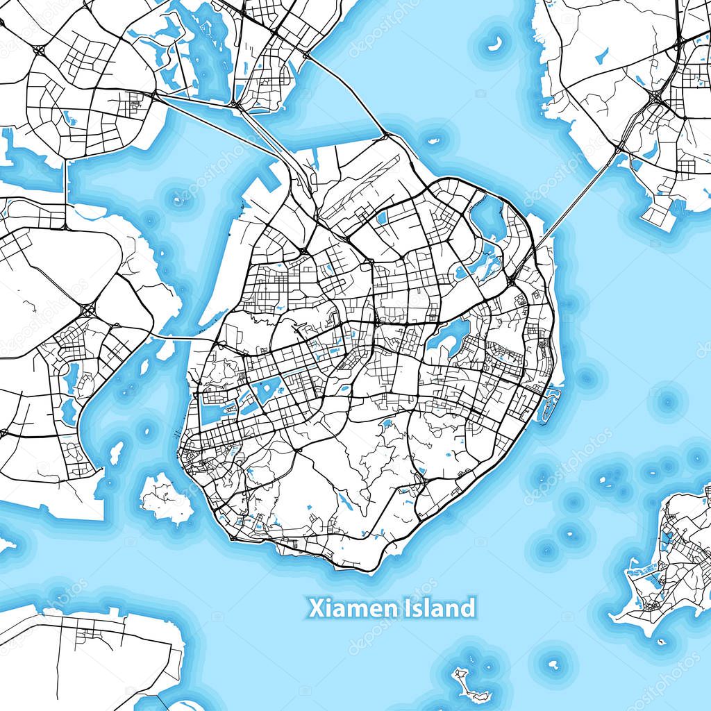 Map of Xiamen Island, China with the largest highways, roads and surrounding islands and islets