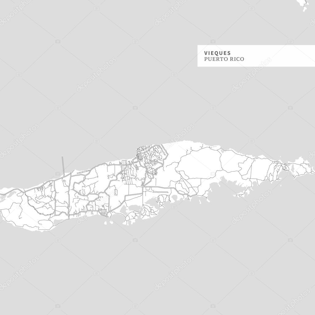 Map of Vieques Island, Puerto Rico, contains geography outlines for land mass, water, major roads and minor roads.