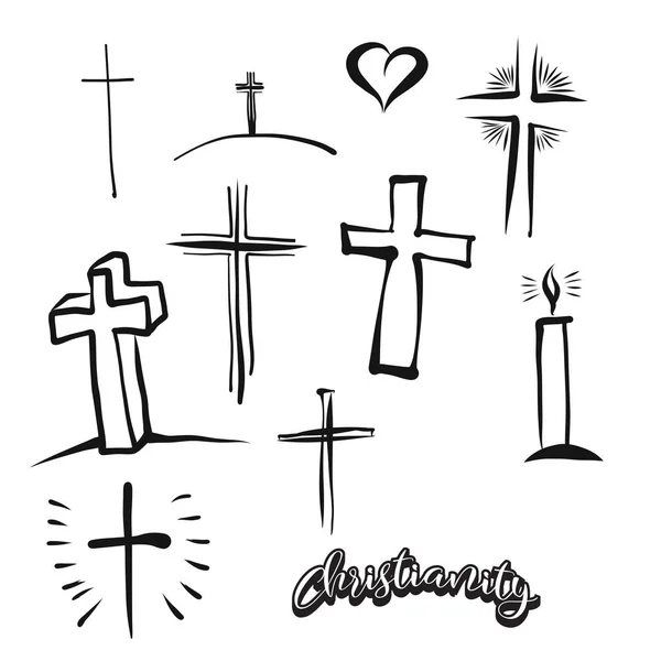 Conjunto de símbolos de Cristianismo desenhados à mão —  Vetores de Stock