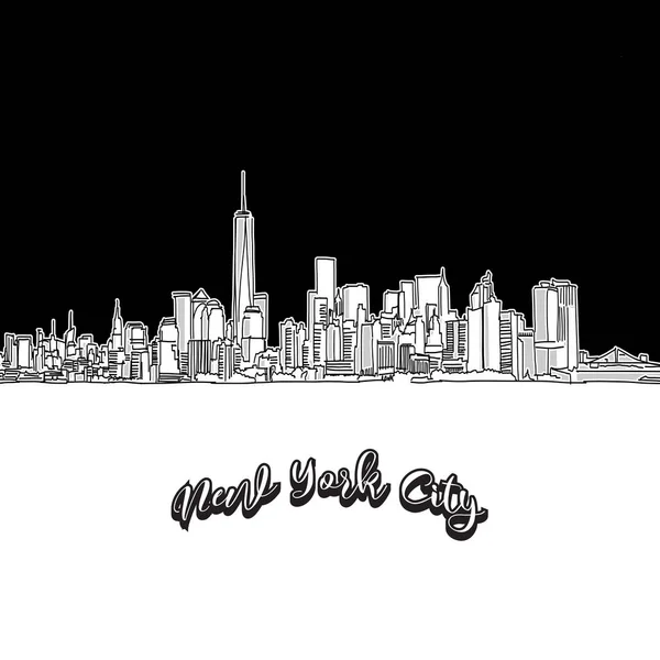 Vector drawing of New York City skyline, outline. USA travel landmark. Black and white cover and background concept.