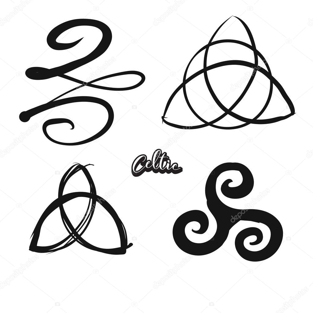 Set of hand-drawn Celtic symbols. Various religious historical symbols painted by hand. Vector drawing.