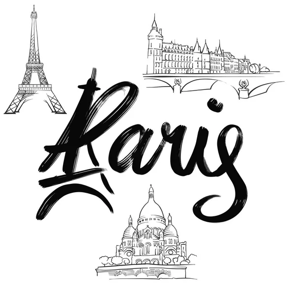 Letras Paris Com Sinais Elementos Desenhados Mão Para Design Cartazes —  Vetores de Stock