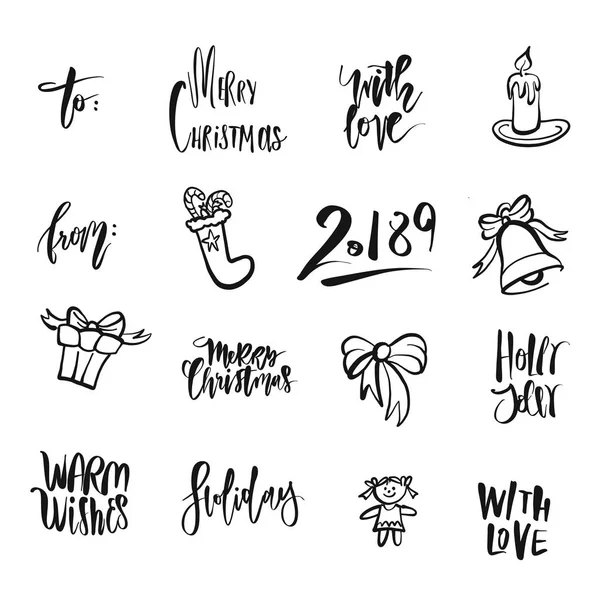 Christmas icons and words. Nice seasonal calligraphic artwork for greeting cards. Hand-drawn vector sketch.