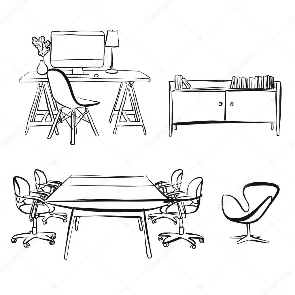 office interior objects drawing. hand-drawn vector sketch. business concept design.