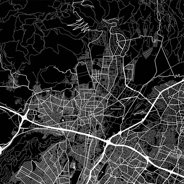 Alan Acharnes, Yunanistan Haritası. Infographic ve projeleri pazarlama için koyu renk arka plan versiyonu. Bu harita ve Acharnes sokakları, su yolları ve Demiryolları ile tipik yerlerinden içerir.