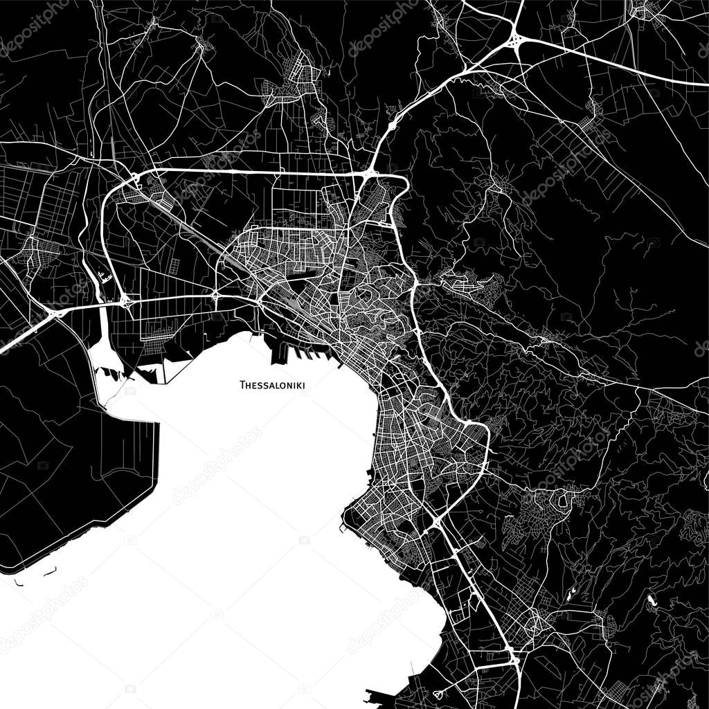 Area map of Thessaloniki, Greece. Dark background version for infographic and marketing projects. 