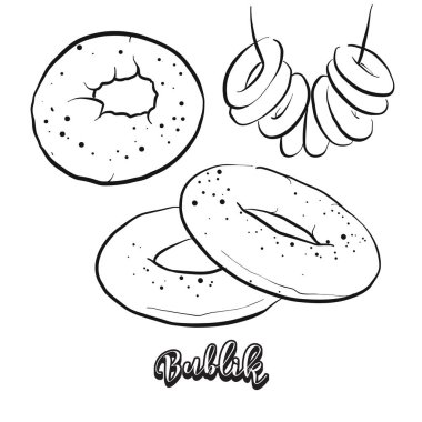 El Bublik ekmek çizilmiş kroki. Vektör çizim genellikle Polonya bilinen kepekli ekmek yiyecek. Ekmek illüstrasyon serisi.