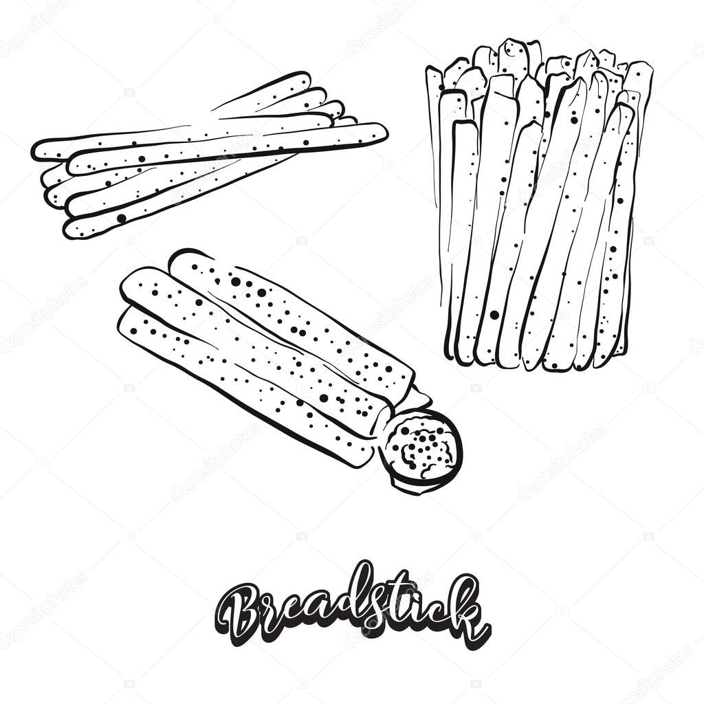 Hand drawn sketch of Breadstick bread. Vector drawing of Dry bread food, usually known in Italy. Bread illustration series.