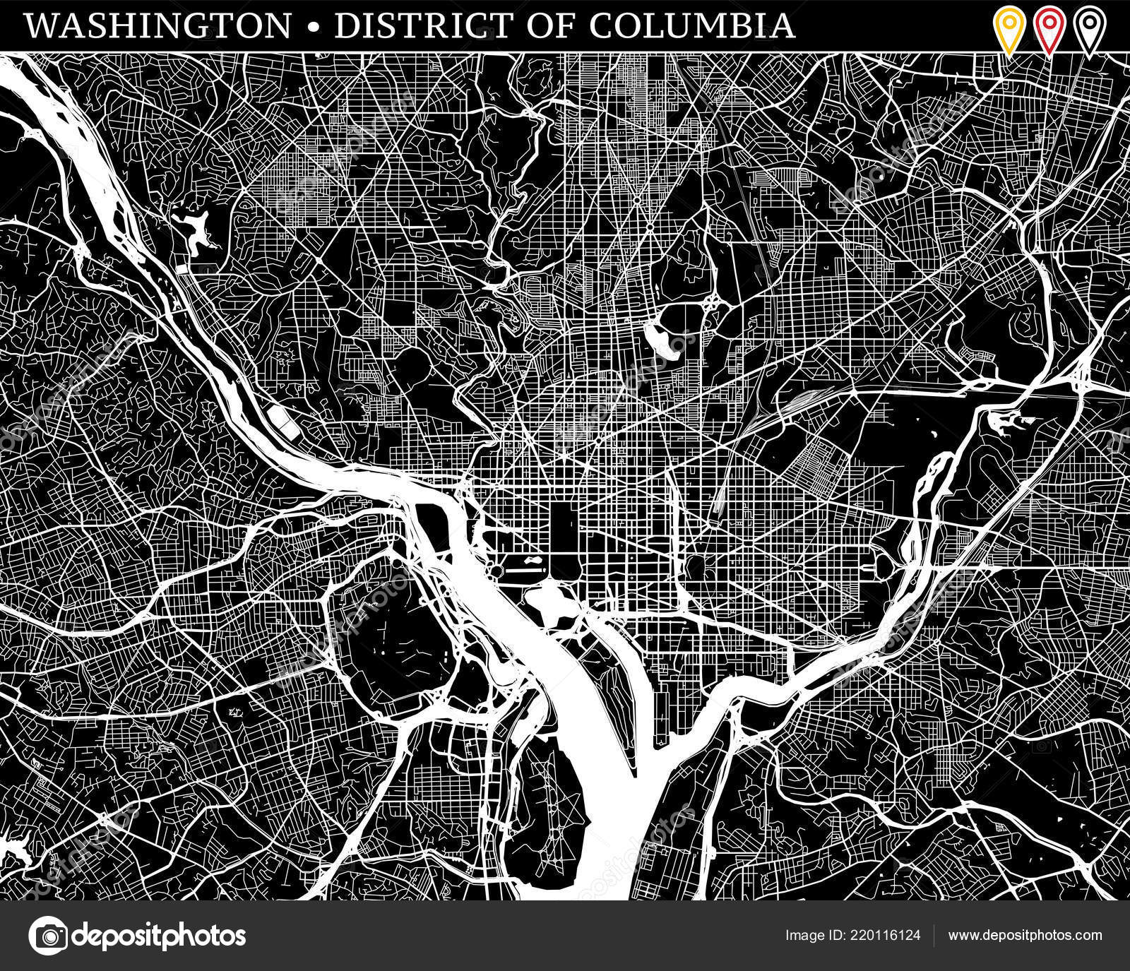 ワシントン コロンビア特別区 アメリカ合衆国の単純なマップ きれいな背景やプリントの黒と白のバージョンです このワシントンの地図にはがグループ化され バージョン ベクターに移動した Separetly をすることができます つのマーカーが含まれて ストックベクター