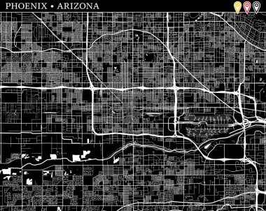 Phoenix, Arizona, ABD basit haritası. Temiz arka plan ve baskılar için siyah beyaz versiyonu. Bu harita Yoldaşlığı gruplandırılır ve taşınan separetly vektör versiyonu olabilir üç işaretleri içerir.