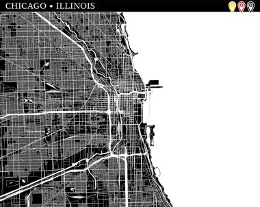 Chicago, Illinois, ABD basit haritası. Temiz arka plan ve baskılar için siyah beyaz versiyonu. Bu harita bir Chicago kim gruplandırılır ve taşınan separetly vektör versiyonu olabilir üç işaretleri içerir.