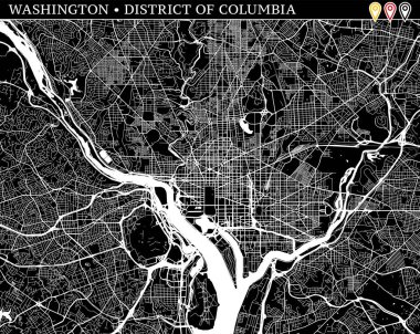 Washington, District of Columbia, Usa basit haritası. Temiz arka plan ve baskılar için siyah beyaz versiyonu. Bu harita Washington kim gruplandırılır ve taşınan separetly vektör versiyonu olabilir üç işaretleri içerir.