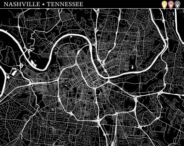 Nashville, Tennessee, ABD basit haritası. Temiz arka plan ve baskılar için siyah beyaz versiyonu. Bu Nashville Haritası gruplandırılır ve taşınan separetly vektör versiyonu olabilir üç işaretleri içerir.