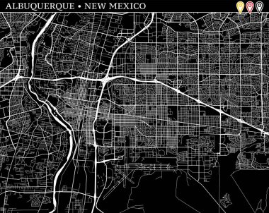 Albuquerque, New Mexico, ABD basit haritası. Temiz arka plan ve baskılar için siyah beyaz versiyonu. Bu Albuquerque Haritası gruplandırılır ve taşınan separetly vektör versiyonu olabilir üç işaretleri içerir.