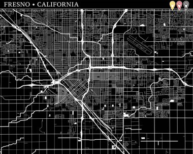 Fresno, California, ABD basit haritası. Temiz arka plan ve baskılar için siyah beyaz versiyonu. Bu harita Fresno gruplandırılır ve taşınan separetly vektör versiyonu olabilir üç işaretleri içerir.