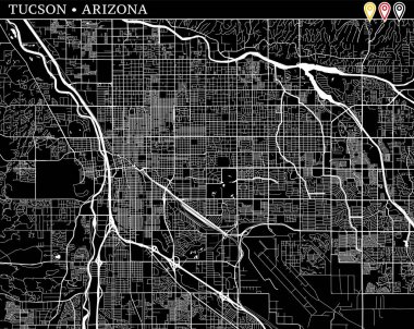 Tucson, Arizona, ABD basit haritası. Temiz arka plan ve baskılar için siyah beyaz versiyonu. Bu Tucson Haritası gruplandırılır ve taşınan separetly vektör versiyonu olabilir üç işaretleri içerir.
