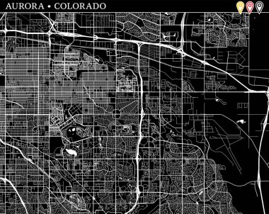 Aurora, Colorado, ABD basit haritası. Temiz arka plan ve baskılar için siyah beyaz versiyonu. Bu harita Aurora ve kim are topluluk ve taşınan separetly vektör versiyonu olabilir üç işaretleri içerir.
