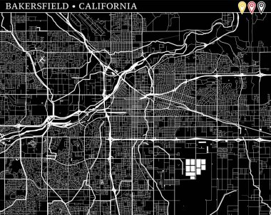 Bakersfield, Kaliforniya, ABD basit haritası. Temiz arka plan ve baskılar için siyah beyaz versiyonu. Bu harita Bakersfield gruplandırılır ve taşınan separetly vektör versiyonu olabilir üç işaretleri içerir.