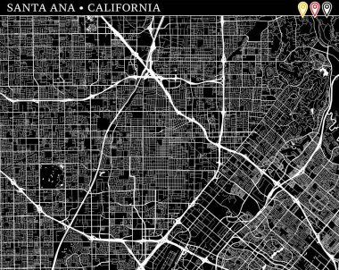 Santa Ana, California, ABD basit haritası. Temiz arka plan ve baskılar için siyah beyaz versiyonu. Bu harita Santa Ana ve kim are topluluk ve taşınan separetly vektör versiyonu olabilir üç işaretleri içerir.