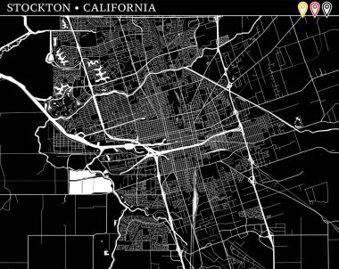 Stockton, Kaliforniya, ABD basit haritası. Temiz arka plan ve baskılar için siyah beyaz versiyonu. Bu harita Stockton ve kim are topluluk ve taşınan separetly vektör versiyonu olabilir üç işaretleri içerir.