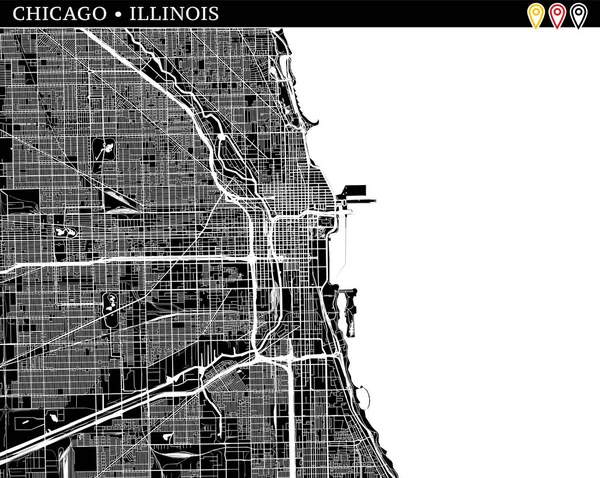 芝加哥 伊利诺伊州 美国的简单地图 黑白版本 适用于干净的背景和打印 这张芝加哥地图包含三个标记分组 可以移动灯头在矢量版本 — 图库矢量图片