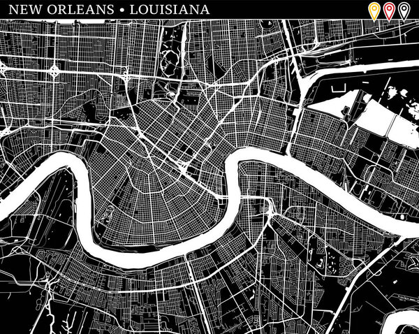 Simple map of New Orleans, Louisiana, USA. Black and white version for clean backgrounds and prints. This map of New Orleans contains three markers who are grouped and can be moved separetly in vector version.