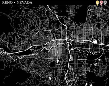 Reno, Nevada, ABD basit haritası. Temiz arka plan ve baskılar için siyah beyaz versiyonu. Bu harita Reno gruplandırılır ve taşınan separetly vektör versiyonu olabilir üç işaretleri içerir.