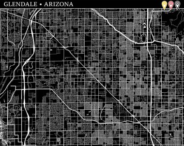 Glendale, Arizona, ABD basit haritası. Temiz arka plan ve baskılar için siyah beyaz versiyonu. Bu harita Glendale ve kim are topluluk ve taşınan separetly vektör versiyonu olabilir üç işaretleri içerir.