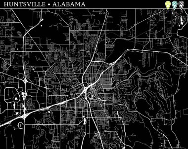 Huntsville, Alabama, ABD basit haritası. Arka plan için siyah beyaz versiyonu. Bu harita Huntsville ve kim are topluluk ve taşınan separetly vektör versiyonu olabilir üç işaretleri içerir.
