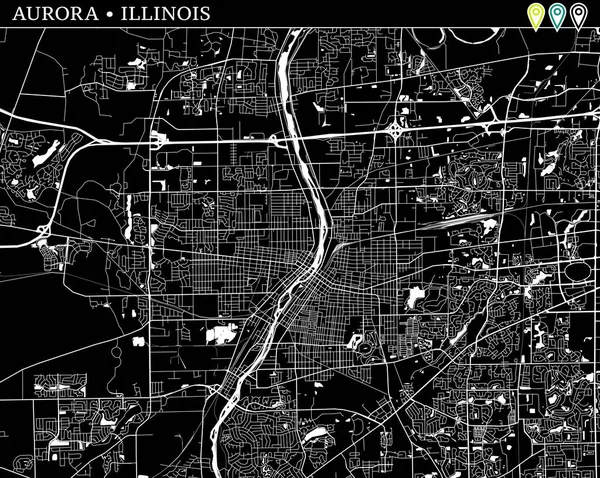 Mapa Simple Aurora Illinois Versión Blanco Negro Para Fondos Este — Archivo Imágenes Vectoriales