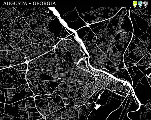 Simple map of Augusta, Georgia, USA. Black and white version for backgrounds. This map of Augusta contains three markers who are grouped and can be moved separetly in vector version.