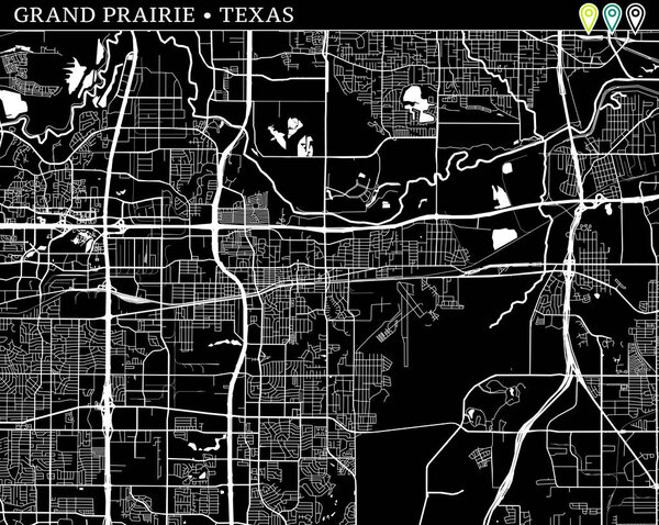 Simple map of Grand Prairie, Texas, USA. Black and white version for backgrounds. This map of Grand Prairie contains three markers who are grouped and can be moved separetly in vector version.