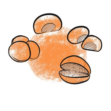 Elle çizilmiş ekmek alır. Siyah vektör anahat ve renkli dolgular.