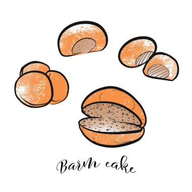 Elle çizilmiş ayarla ve renkli ekmek alır. Siyah vektör anahatları ve renkli dolgular.