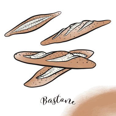 Elle çizilmiş baget skeçler kümesi. Siyah vektör anahatları ve renkli dolgular.