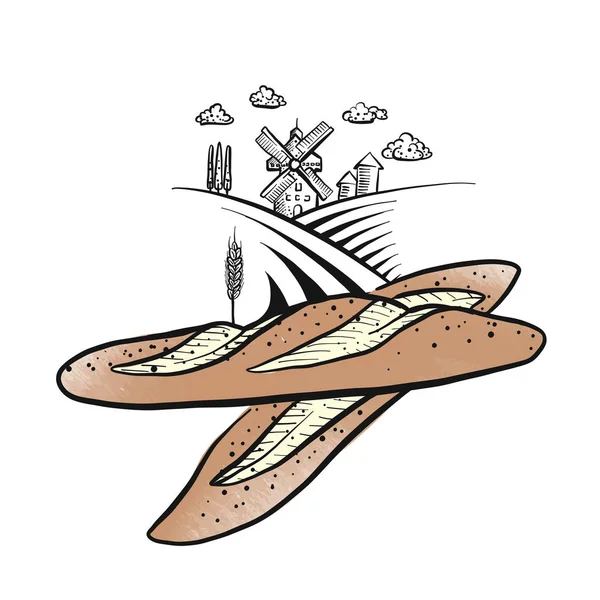 Esquisse Baguette Dessinée Main Icône Avec Moulin Boulangerie Contours Vectoriels — Image vectorielle
