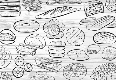 Elle çizilmiş ekmek desen doodles. Vektör yiyecek çizim.