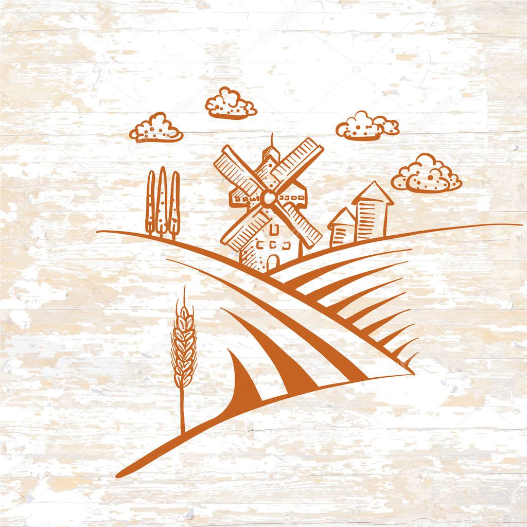 Windmill drawing icon on vintage background. Vector food illustration.