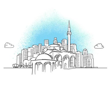 Tarihi Cami ile şehir manzarası. Çizilmiş vektör çizim el.