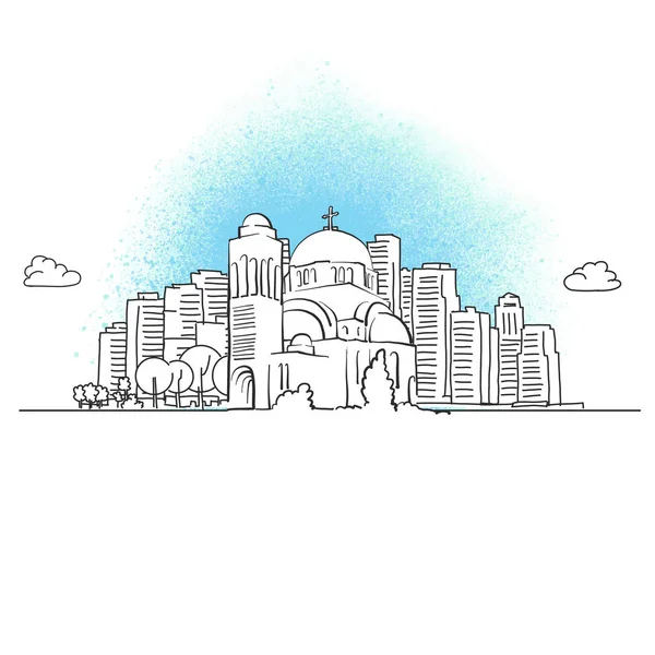 Horizonte Ciudad Con Iglesia Ortodoxa Ilustración Vectorial Dibujada Mano — Archivo Imágenes Vectoriales