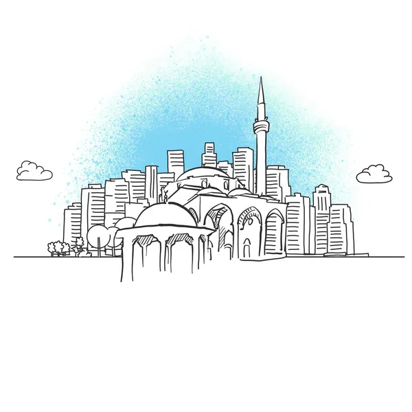 Skyline Della Città Con Moschea Storica Illustrazione Del Vettore Disegnato — Vettoriale Stock