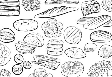 Elle çizilmiş ekmek desen doodles. Vektör yiyecek çizim.