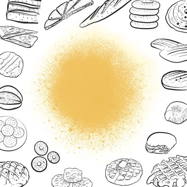 El ekmek simgeler antika arka plan üzerinde çekilmiş. Vektör yiyecek çizim.