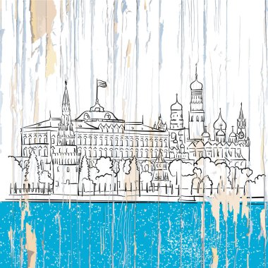 Moskova kremlin ahşap üzerine çizim. Antika arka plan üzerinde vektör çizim.